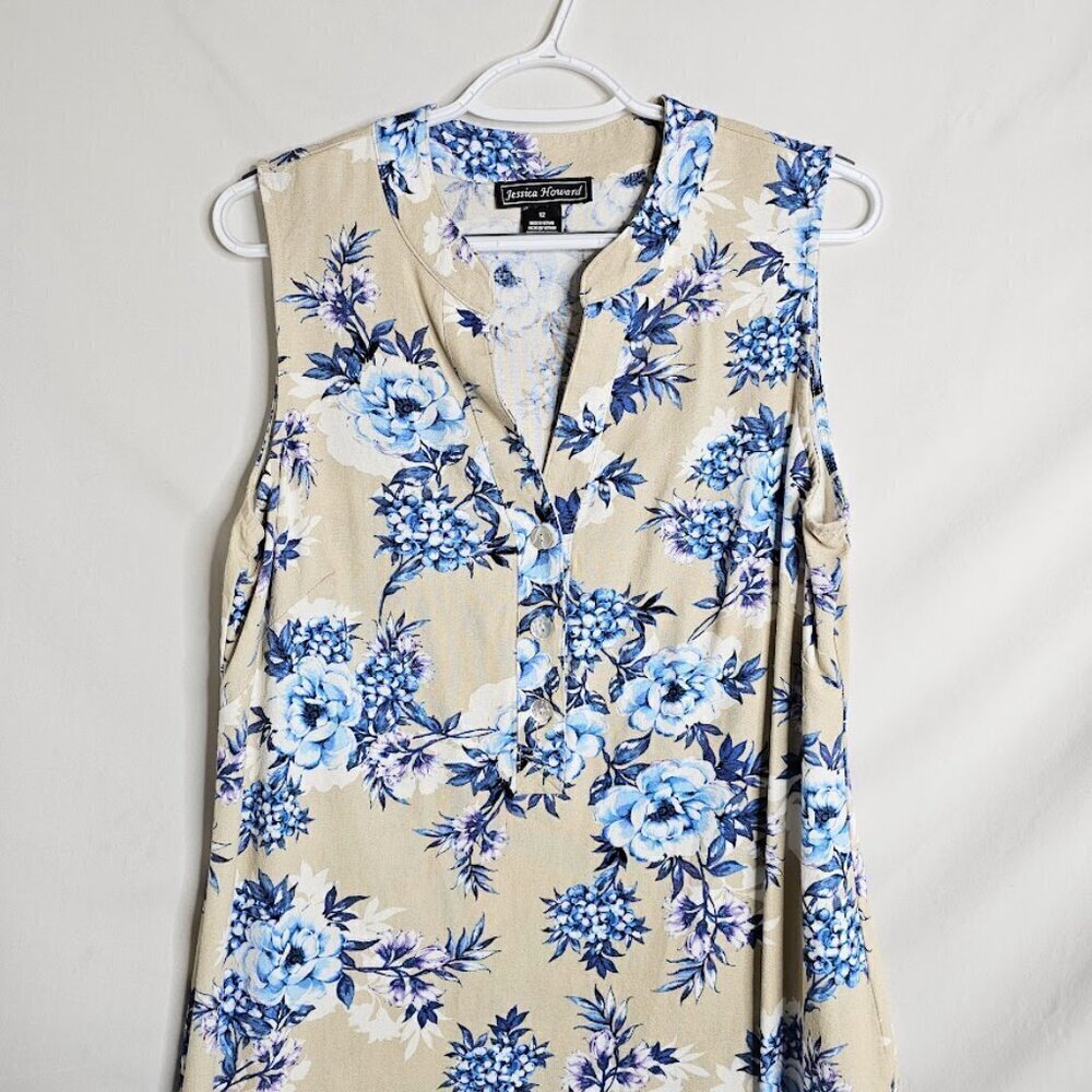 JESSICA HOWARD Linen Dress size 12 TAN BLUE FLORAL Summer Sleeveless V-Neck Cute - Picture 3 of 8